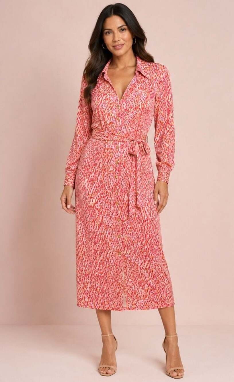 Alexa Admor Pink and Red Dot Print Button-Front Belted Midi Shirt Dress